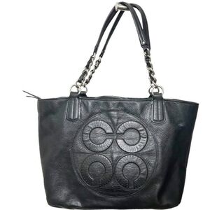 COACH Colette Black Leather Op Art Logo Large Tote Bag Satchel 16485 Signature C